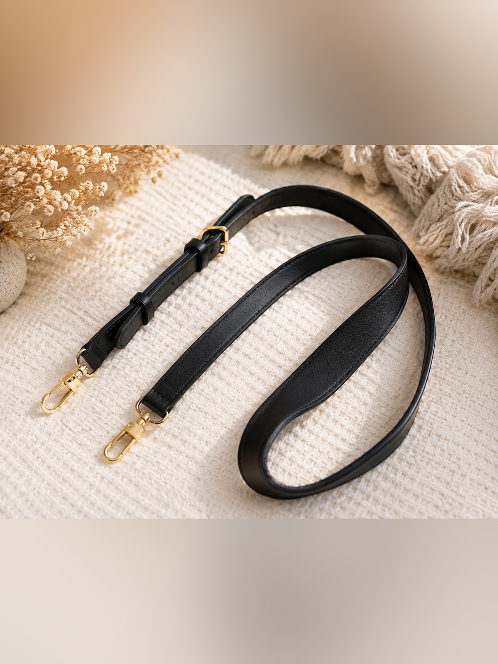 Classic Leather Crossbody Strap - Black with Gold Hardware
